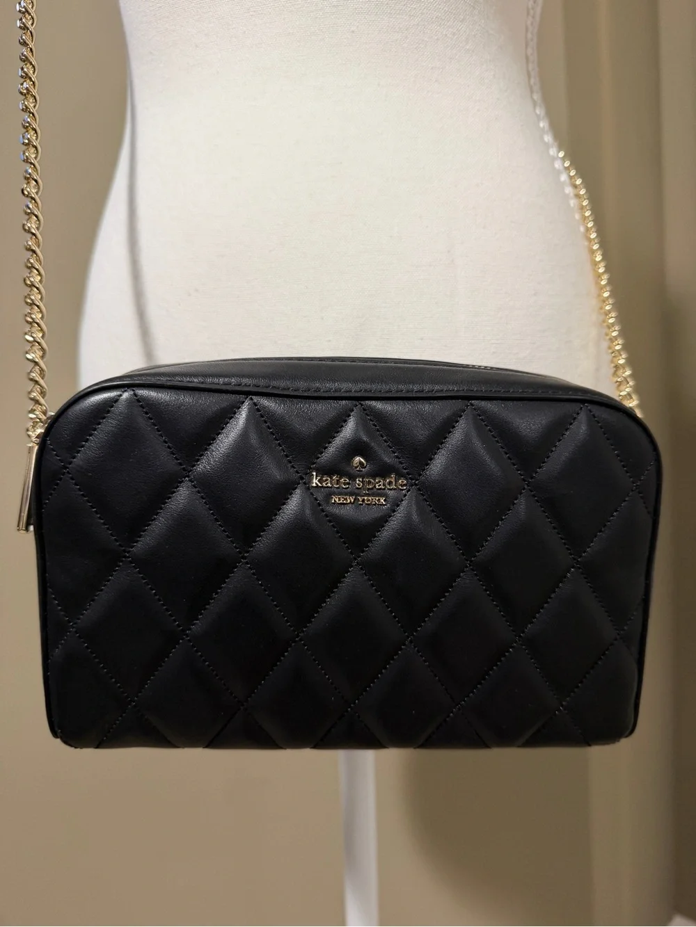 kate spade Black Quilted Leather Crossbody with Gold Chain